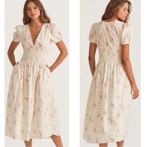 LoveShackFancy Cream Floral Midi Dress